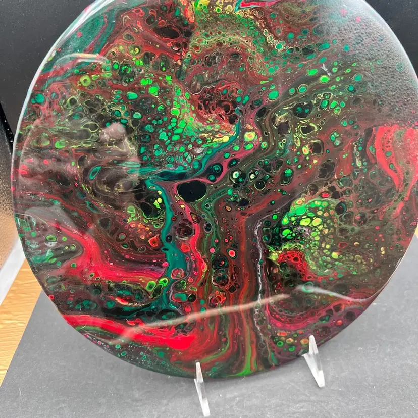 Original Artwork Acrylic Pour On 33 Record Resin Sealed. Earthy/Planetary Black Background With Red, Yellow And Greens - Lots Of Cells