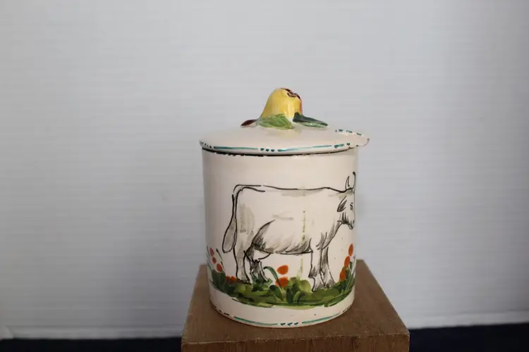 Vintage Hand-Painted Italian Ceramic Jam Jar with Cow Motif And 3D Pear Knob