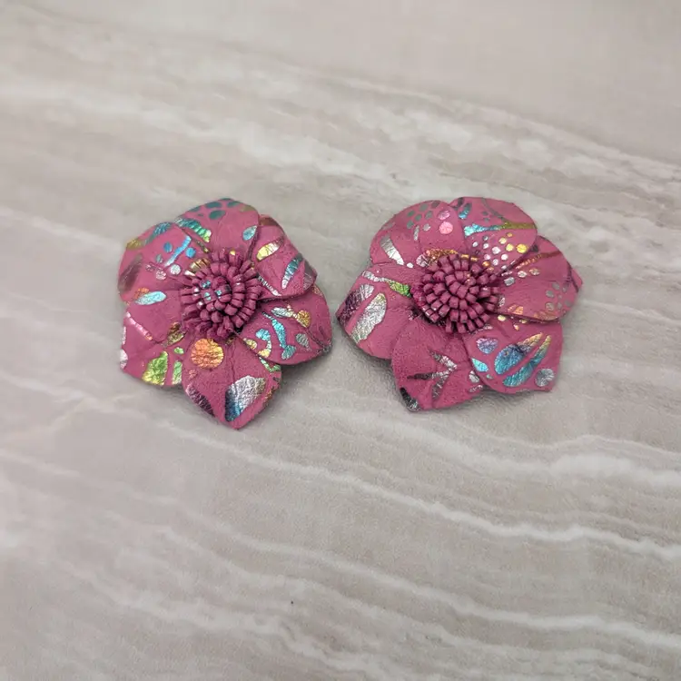 Vintage Clip On Earrings Extra Large Pink Flower Whimsical Statement Earrings