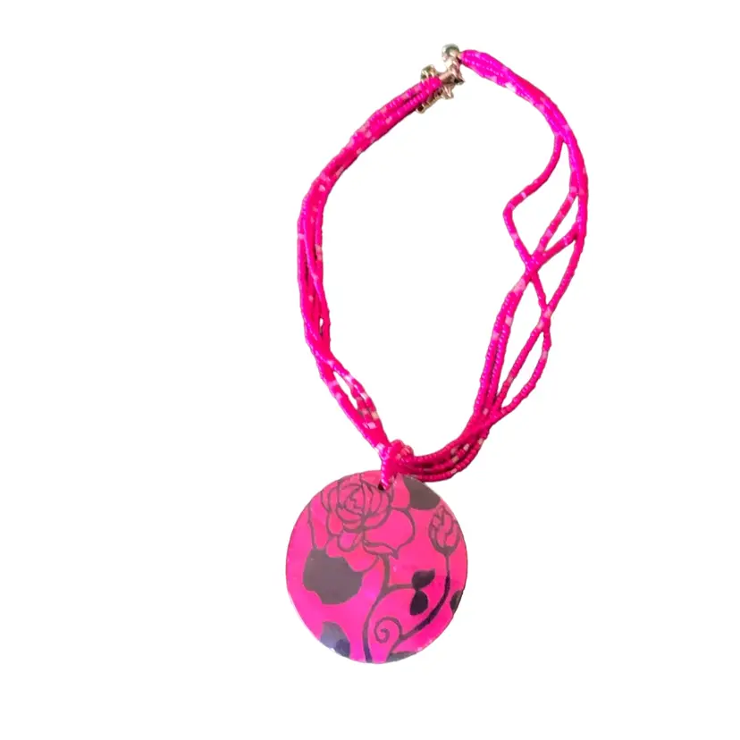 Vintage Hand Painted Pink Rose Mother Of Pearl Costume Jewelry Beaded Necklace