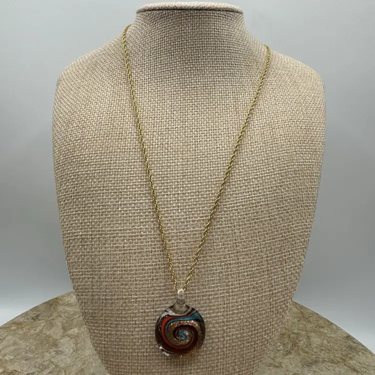Dainty Art Glass Pendant Gold Tone Necklace