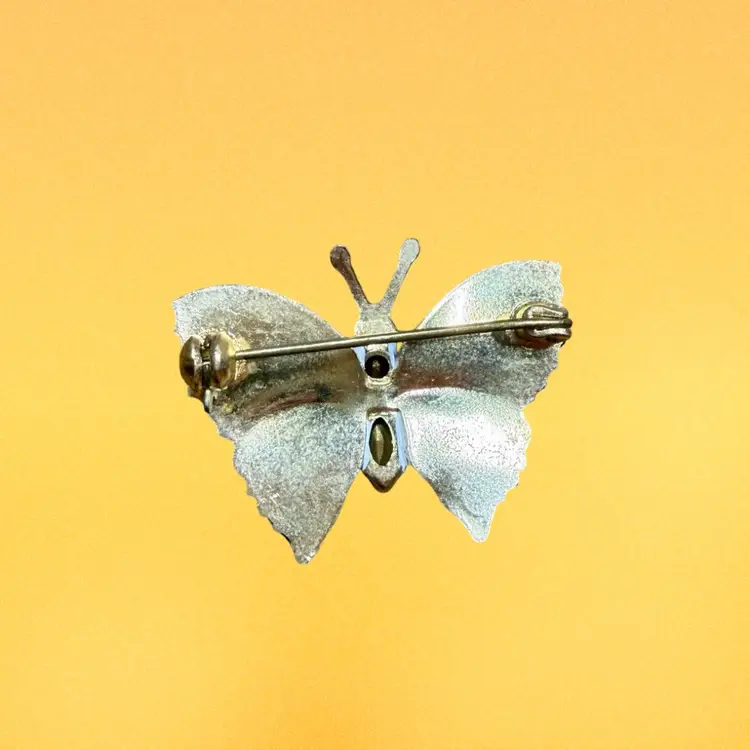 1970’s Small Czech Gold Tone Butterfly Brooch Pin, Enamel & Pink Rhinestones