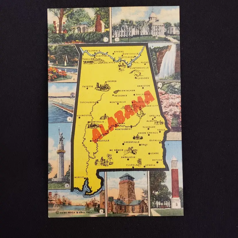 Postcard Ephemera ALABAMA map & Points of Interest unused unposted Vintage