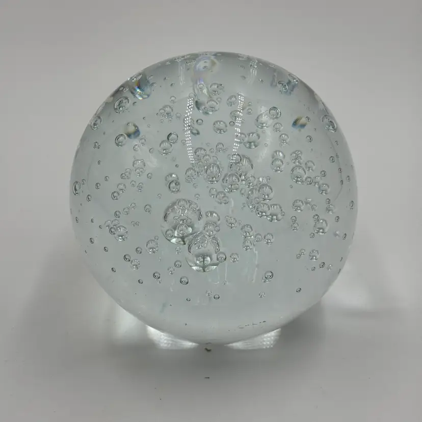 Vintage Art Glass Large Round Paper Weight Heavy Clear Controlled Bubble