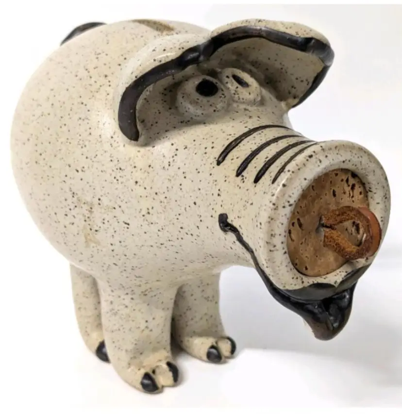 Vintage 1995 Signed WIZARD OF CLAY Stoneware Piggy Bank With Cork Stopper, 6.5" Tall, No Chips or Cracks