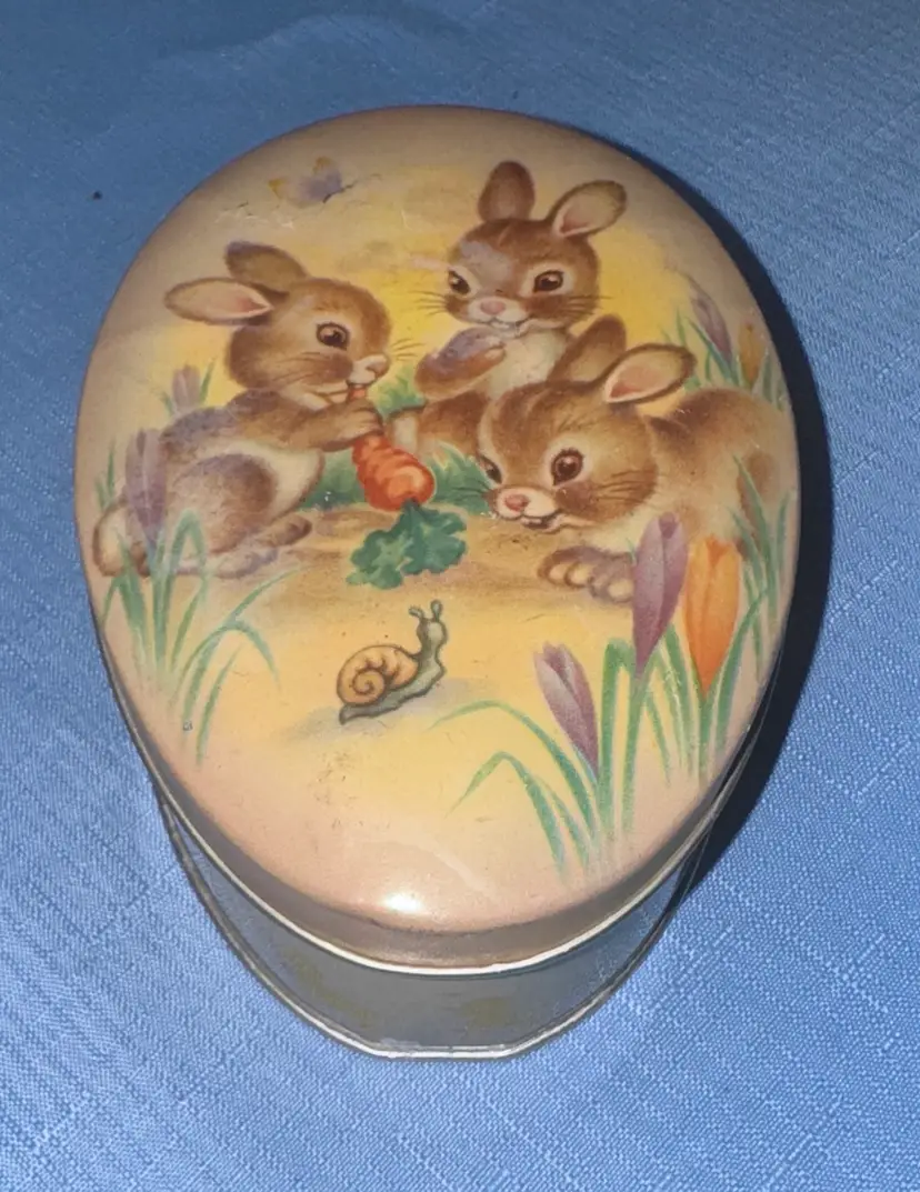 Bunny Tin Box Baret Ware made in England, Easter bunny and snail design 6”