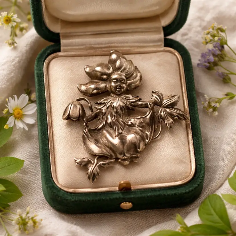 Silver (Untested) Art Nouveau Brooch, 3" x 3"