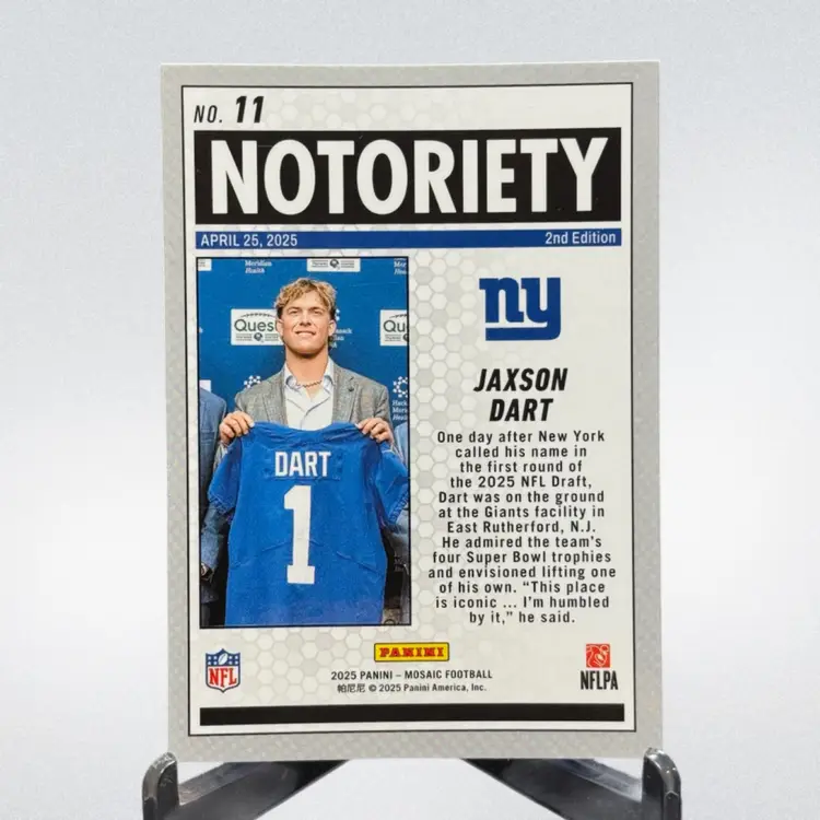 Jaxson Dart 2025 Panini Mosaic Notoriety #11 RC New York Giants Star QB