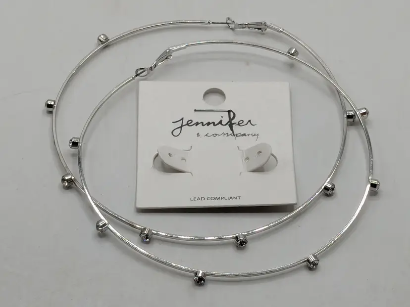 Jennifer & Company Silver Tone Hoop Earrings Rhinestone Accents NWT