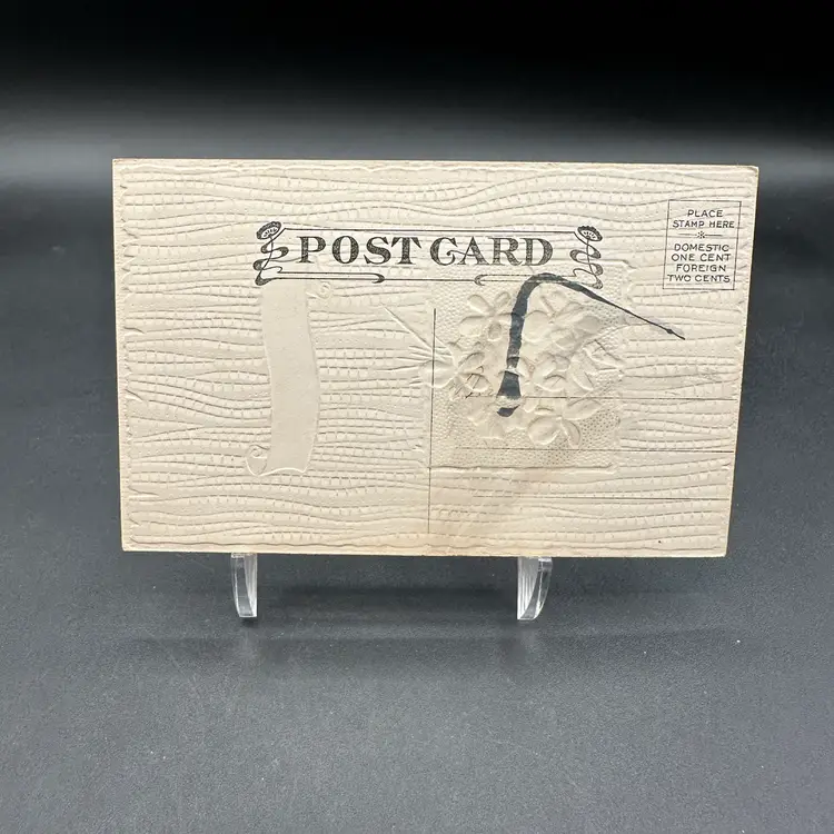 “Good Luck” Heavy Textured Glide Violet Bouquet Antique Postcard, Unused