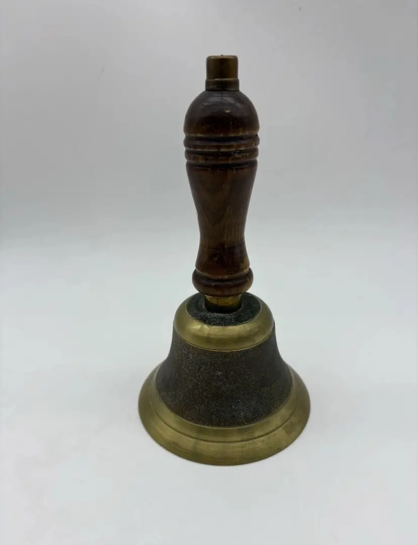 ANTIQUE Brass Hand Held School & Farm Bell 7" LOUD Wood Handle