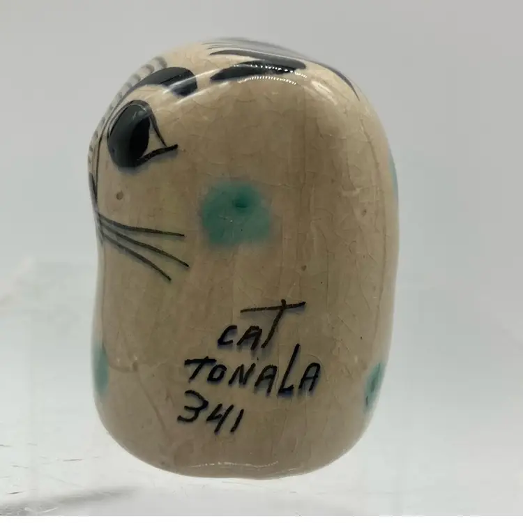 Signed Tonala Cat 341 Blue Flower Aqua Polka Dots