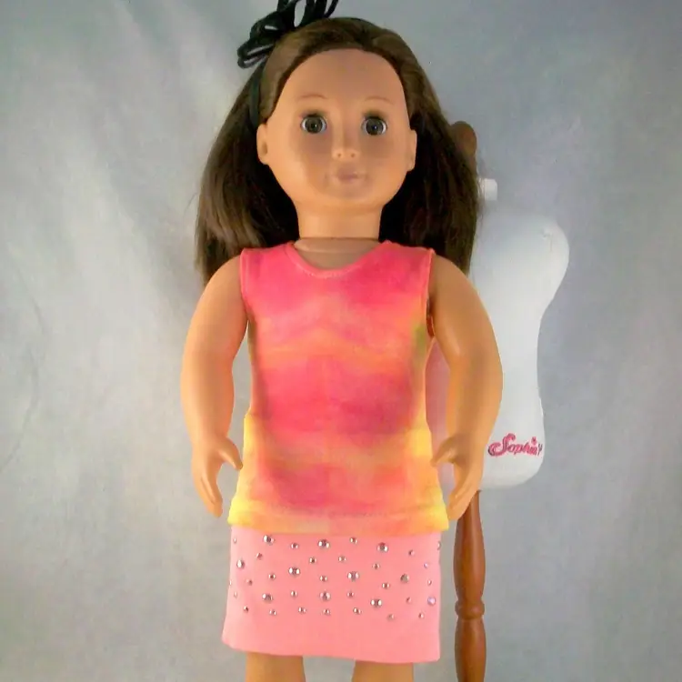 Handmade 18 inch Doll  Pink Yellow Tie Dye Tank Top Pink Knit Skirt Set Repurposed Girls Clothing