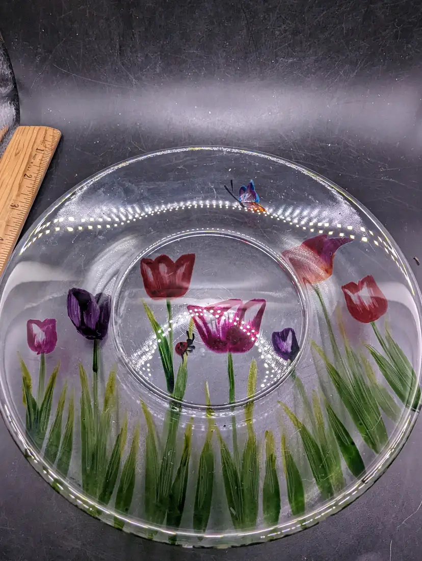 Reverse Hand Painted Floral Design Small Dessert Plate