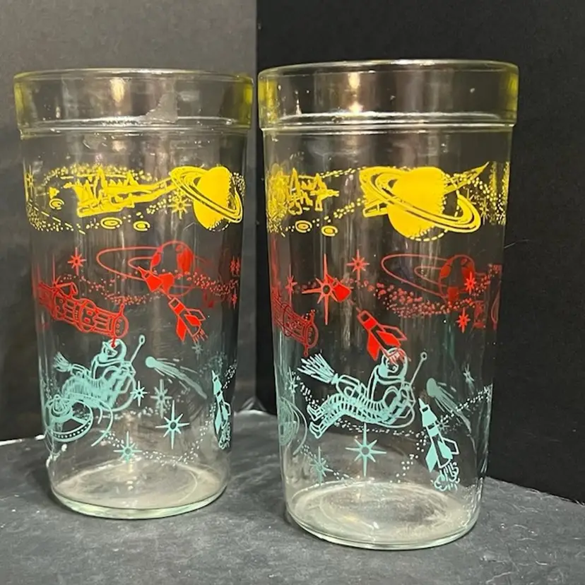 Pair of Vintage Spaceman Glass Tumbler Rare ~5.5β x 3β diameter each