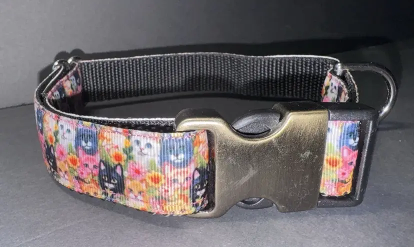 Dog Collar Kittens Cat Print Large Handmade Heavy Duty Pattern NEW