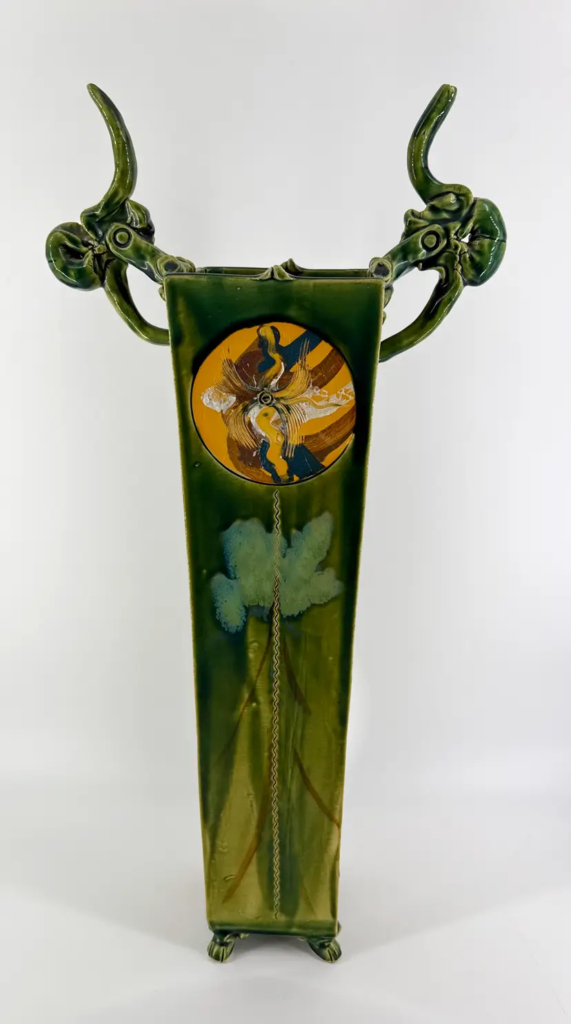 RARE Flynn Sochon Signed Abstract 27" Vase Studio Art Pottery Green Alienware