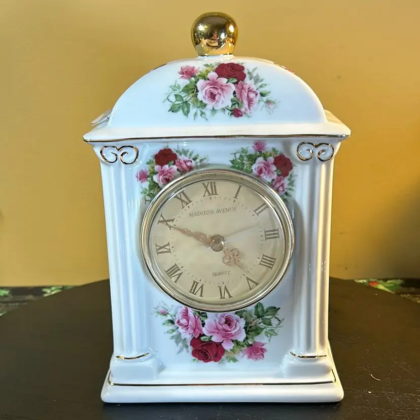 94 Vintage Quartz Porcelain Mantle Clock Shabby Rose Victorian style Madison Avenue