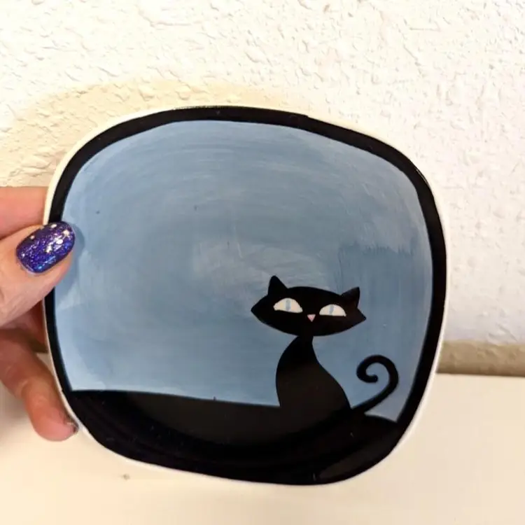 HUES N BREWS Blue n Black Cat Cattitude Saucer Trinket dish Kitten Kitty plate