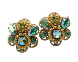 Vintage West Germany Blue Green AB Rhinestone Earrings Filigree Floral Clip On