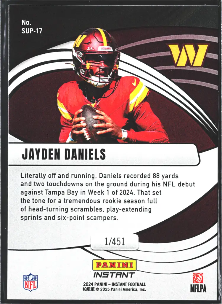Jayden Daniels Rookie Card - Supernova /451 - only 451 Made! 2024 Panini Instant RC Washington Commanders