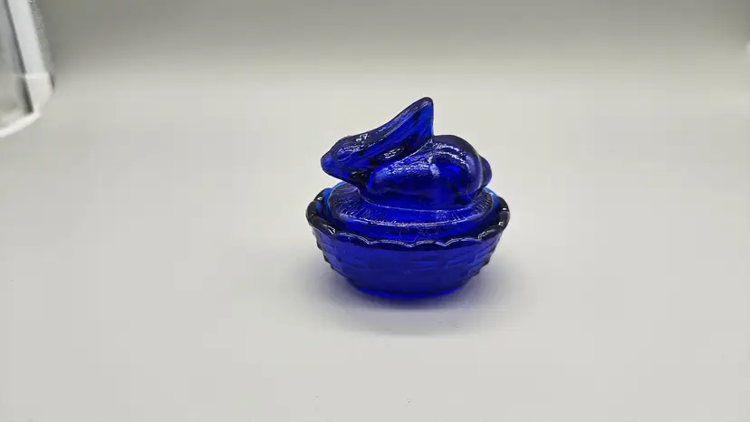 Cobalt Blue Glass Mini Rabbit on a Nest Salt Cellar Trinket Dish