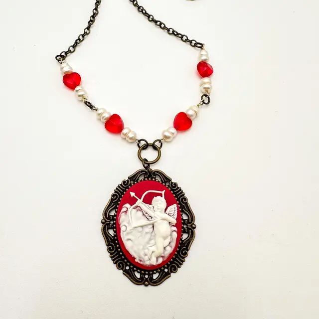 Valentine's Day Cupid Cameo Pendant Necklace Handmade