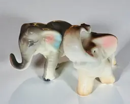 2 MCM Vintage Ceramic Trunk Up Elephants - About 3.5” x 2.5” -