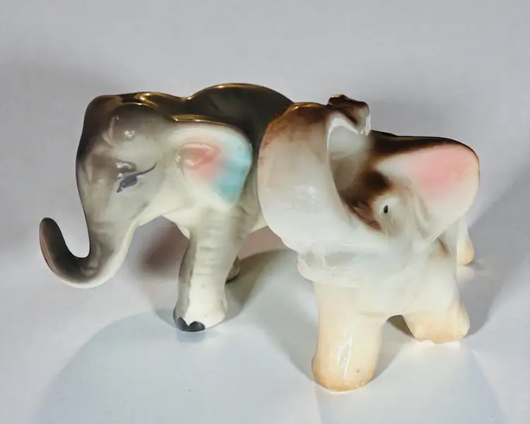 2 MCM Vintage Ceramic Trunk Up Elephants - About 3.5” x 2.5” -