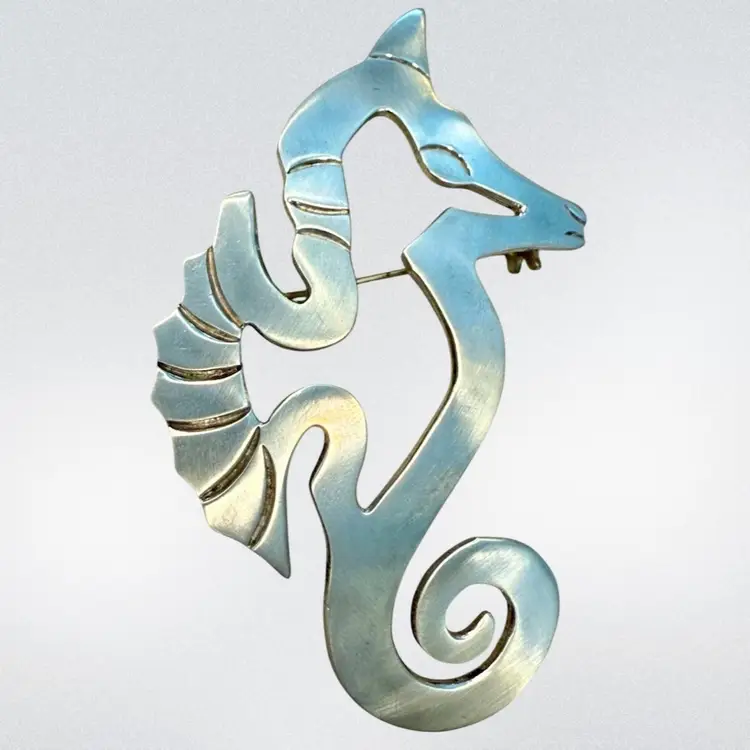 Vintage MCM Taxco Mexico Sterling HTF Silver Unicorn Sea Horse Brooch 3”, 20.2g