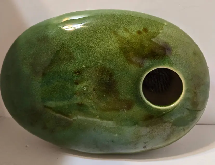 Vintage Green Crackle Glaze Ceramic Flower Frog Vase | Oval Studio Pottery Bud Vase