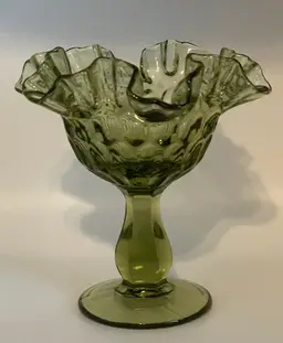 Vintage Fenton Green Glass Thumbprint Crimped Edge Pedestal Bowl Compote