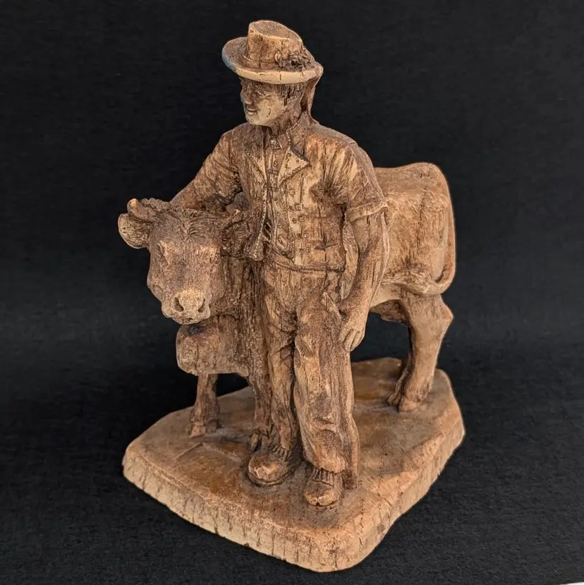 Vintage SIC France Traveling Man with Cow Figurine Molded Wood Composite