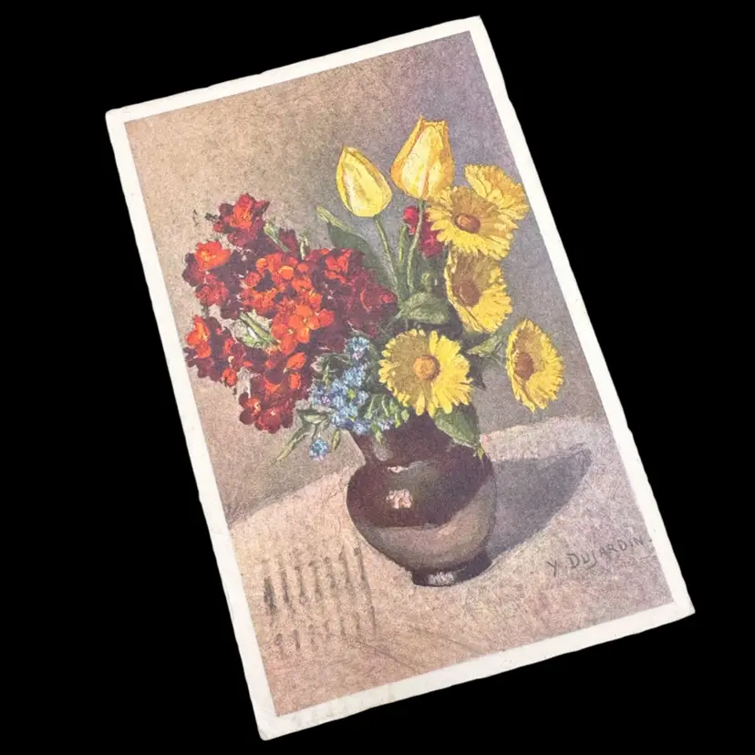 Vintage Red Yellow Floral Bouquet Artsy Postcard, Posted 1946