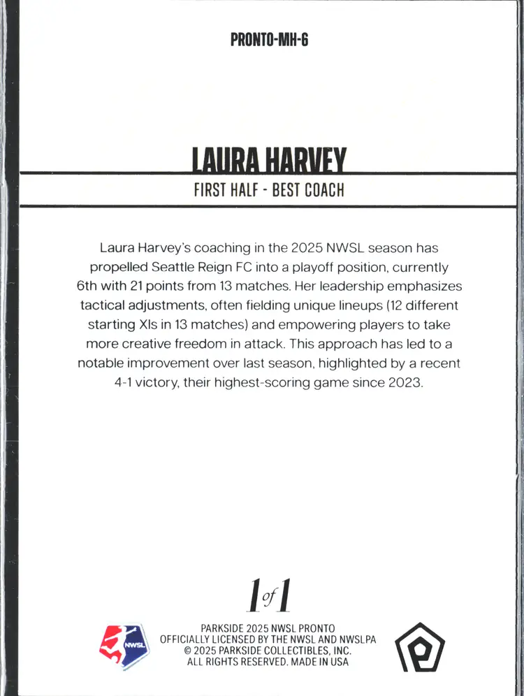 Laura Harvey GOLD 1/1 2025 Parkside Pronto Soccer Card Reign FC Best Coach