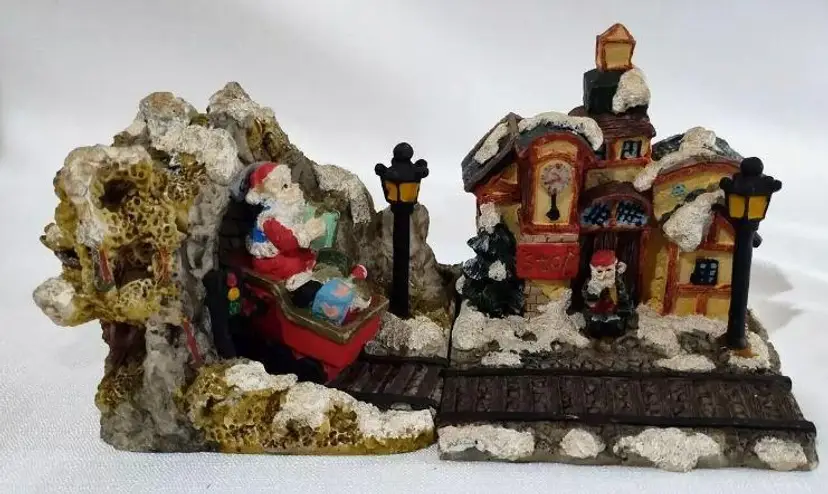Vintage Resin Santa Railroad Snow Covered Village Set Coal Cart Delivery Depot