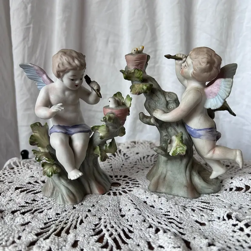 Vintage Bisque Ceramic Lefton Angel Figurines W/Birds #952