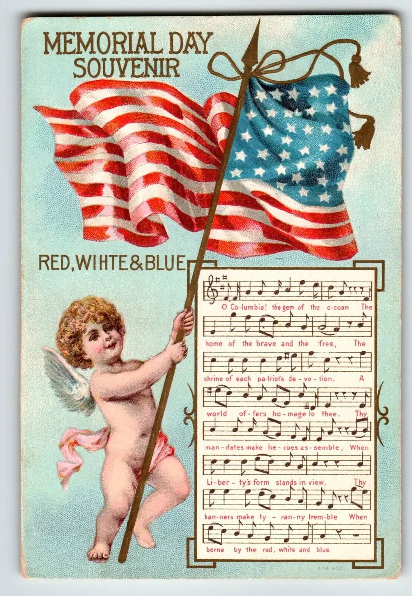 Decoration Memorial Day Postcard Red White & Blue Song Cupid Angel Flag Unposted