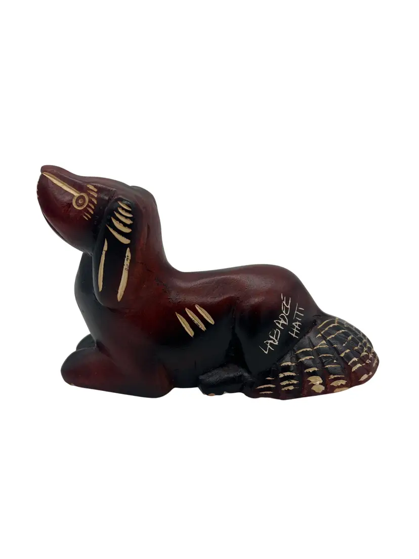 Vintage Labadee Haiti Hand Carved Hardwood Dog Animal Figurine 5.5" Folk Art