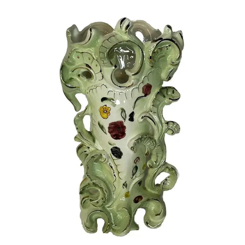 Vintage MCM Hand Crafted Floral Gold Gilded Vase ~ Japan ~ 12" Tall