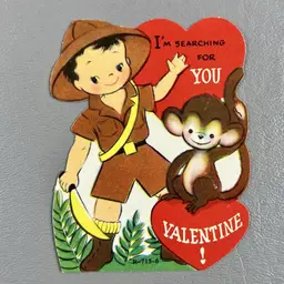 Vintage Die Cut Card I'm Searching For You Valentine Jungle Safari Boy Monkey 3.75"