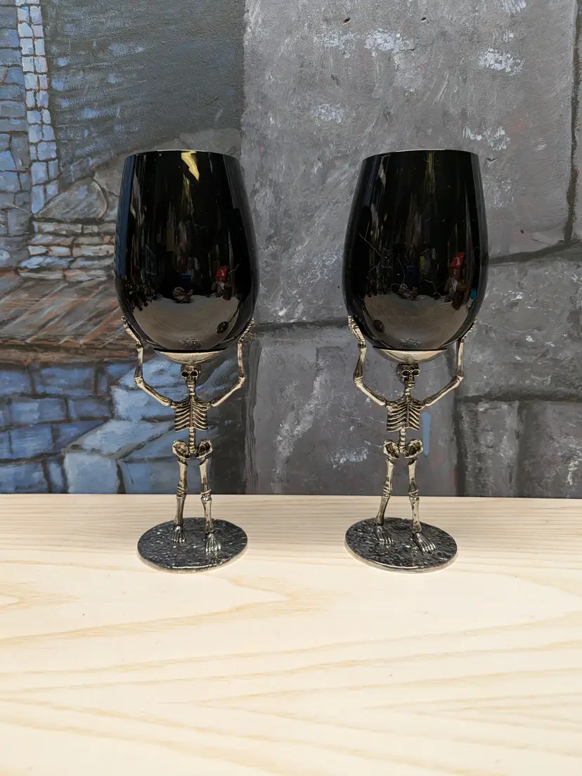 Halloween 2 Skeleton Wine Glass Black Silver Metal Stand DEAD Man Walking Gift Gothic Castlecore