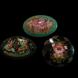 Lot Of Three Vintage Wooden Russian Hand Painted & Crafted Brooches / Pins. All Three Signed.