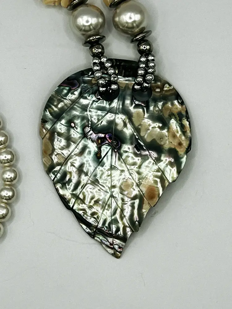 Vintage Abalone Shell Silver Tone Faux Pearl Statement Necklace 22 Inches