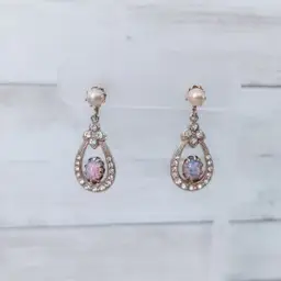 Vintage Screw On Earrings Opal? Gold Tone, Clear Gem Dangle