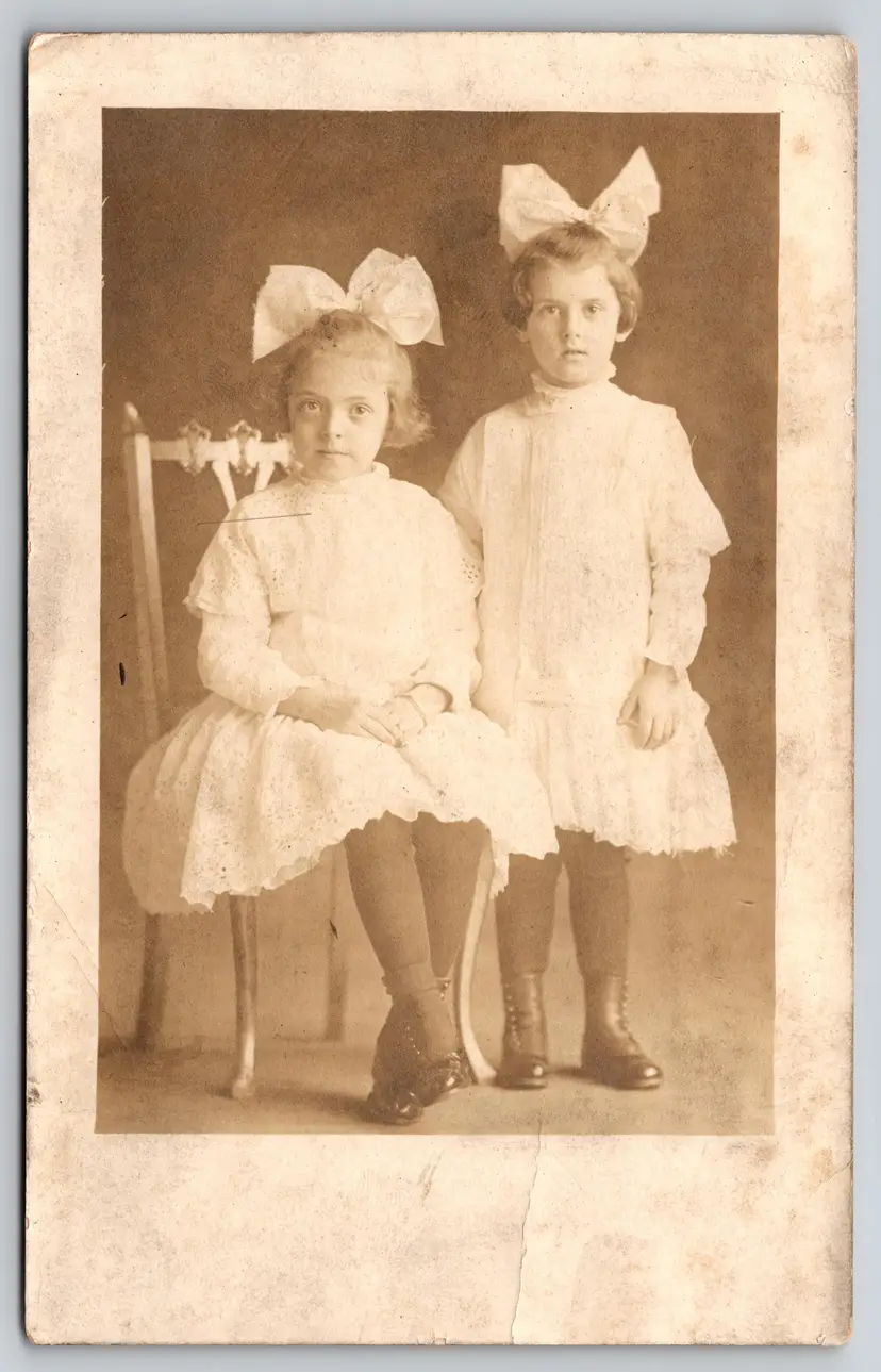 Postcard RPPC Young Girls with Large White Bows Siblings Sisters Real Photo - 8881