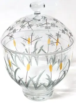 Lovely Fifth Avenue Lidded Crystal Glass Candy Dish Bowl Cattails & Pussy Willows, Cut, Etched & Handpainted Romania, 9.15" Tall, No Chips or Cracks
