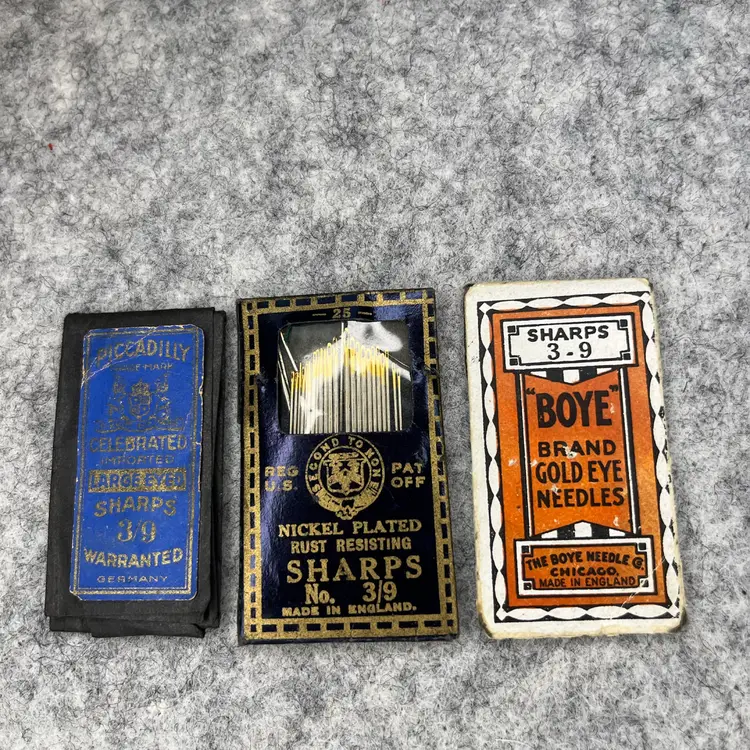 46 Vintage Gold Eyed 3/9 Needles Made By Piccadilly (Germany), Boye Co. Chicago (England), And Harper’s (Redditch, England)
