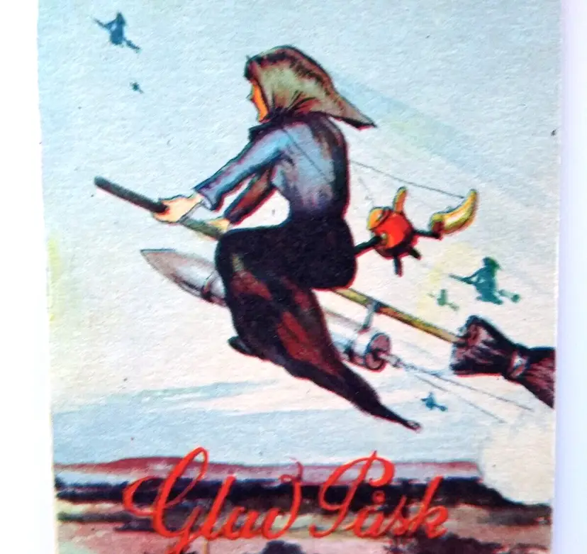 Easter Witches Postcard Fantasy Glad Pask On Broom Rocket Powered Tea Pot Sweden