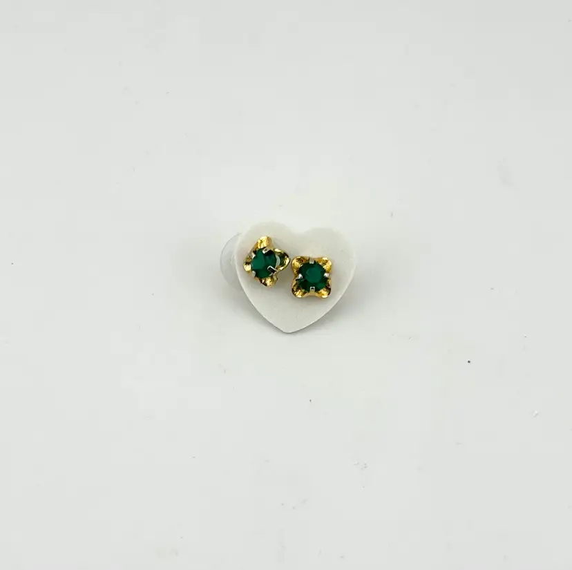 Petite Gold Tone Pierced Stud Earrings with Green Stones .25”